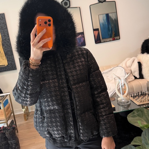Moncler Black Patterned Jacket with Fur Trim - Picture 2 of 10